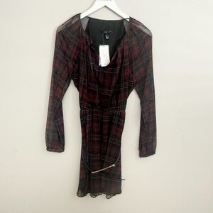New MNG SUIT Women’s Black Red Plaid Long Sleeve V-Neck Dress With Belt 8 *READ*